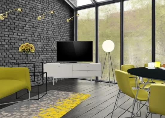 Mustard and black living area  Design Rendering