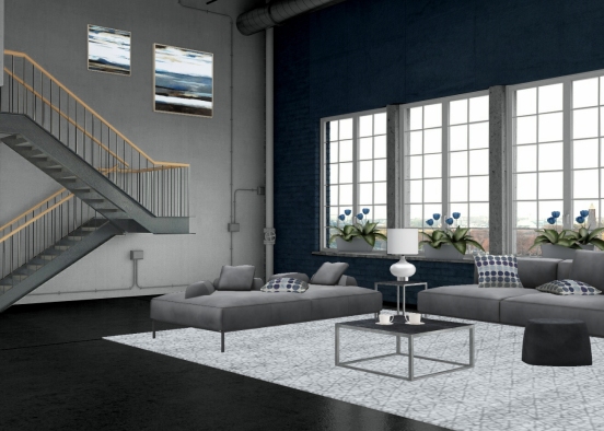 Cold Industrial themed living room Design Rendering