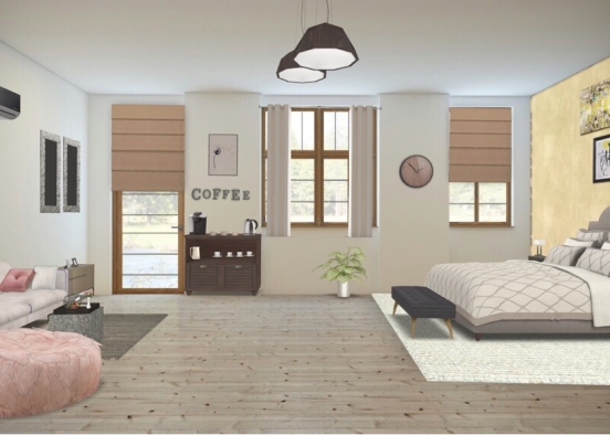 Bedroom with a seating area and a coffee corner  Design Rendering