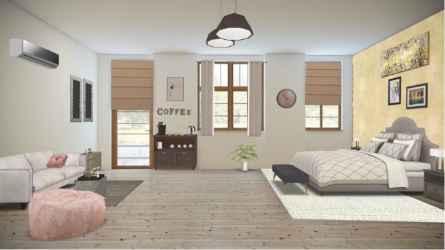 Bedroom with a seating area and a coffee corner 