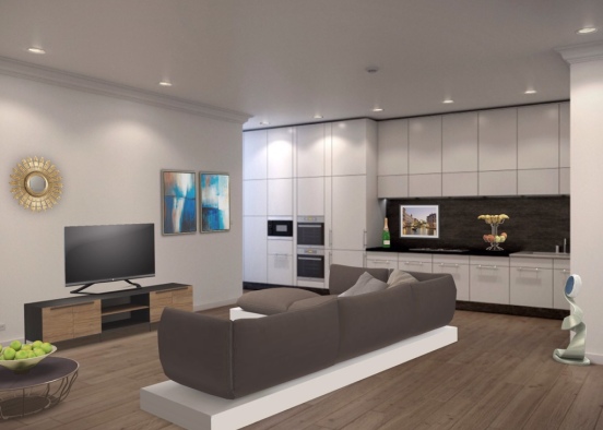 Kitchen and Living Room Design Rendering