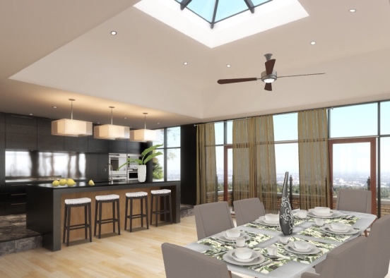 A Modern Kitchen with a Dining Room Design Rendering