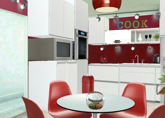 Red kitchen forma a small apartment Design Rendering