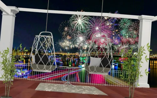 Porch / balcony with a fireworks view 