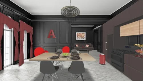 Red and Black Kitchen and Living Room