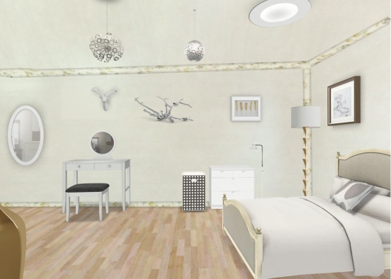 White,silver, and gold rustic bedroom Design Rendering