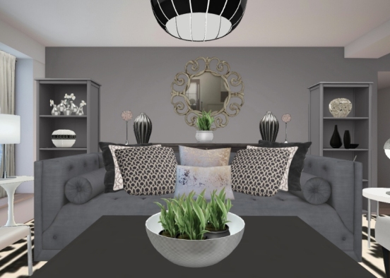 Grey and black living room with silver accents Design Rendering