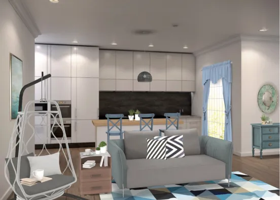 blue kitchen and living room Design Rendering