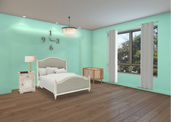 Bedroom with a baby bed in it.  Design Rendering