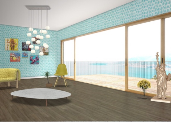 Malibu has come to life in this colurful cozy living room. Outlooking the water ahead. You can get cozy and enjoy a cup of tea while listening to the sound of the waves! Design Rendering