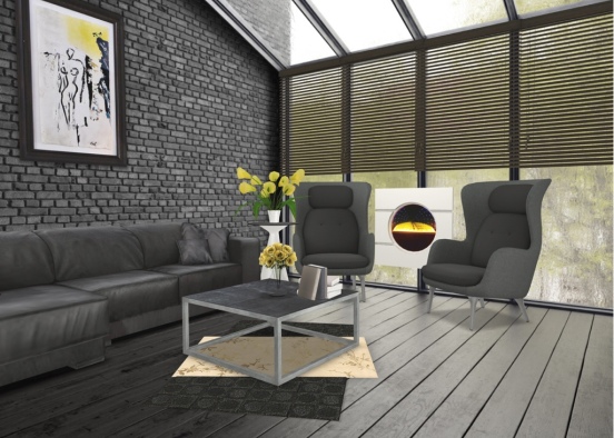A modern living space with a splash of yellow. Design Rendering