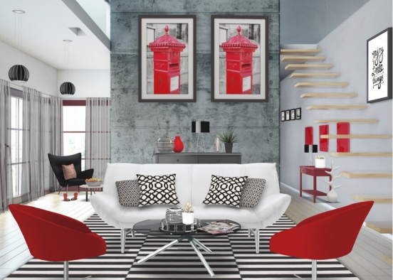 Red, black, and white living room  Design Rendering