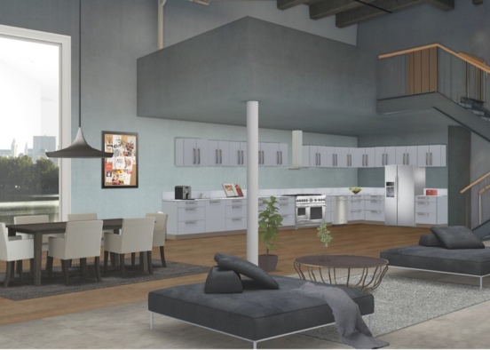 industrial kitchen and living room  Design Rendering