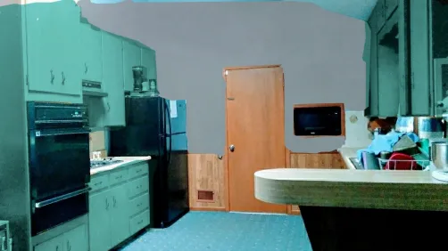 Kitchen, gray walls teal cabinets