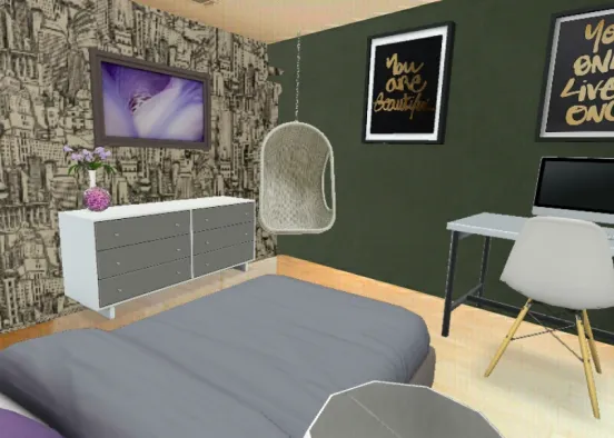 Purple, city bedroom Design Rendering