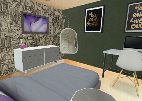 Purple, city bedroom Design Rendering