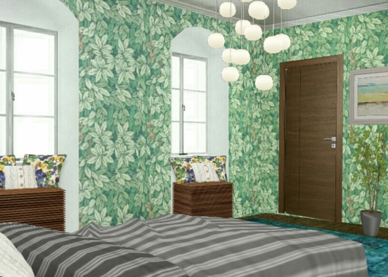Green, White Bedroom Design Rendering