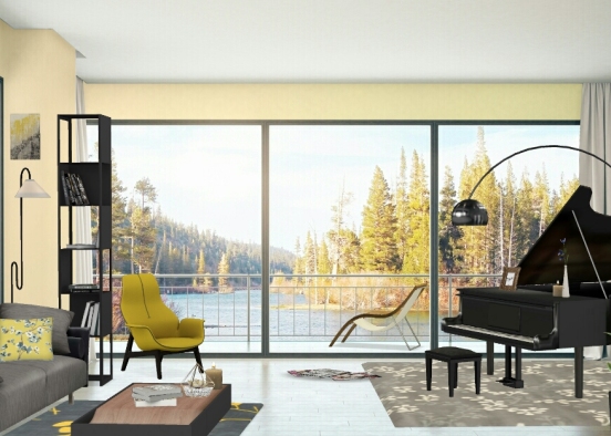 Modern Living Room with A Jungle View - Yellow Wall Ver. Design Rendering
