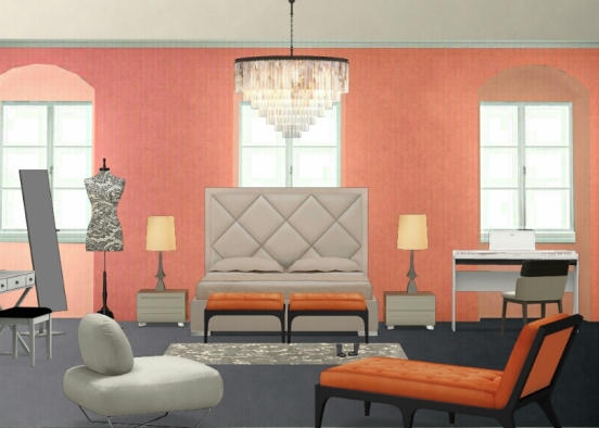 Dormitorio elegante para mujer con tonos color naranja Design Rendering