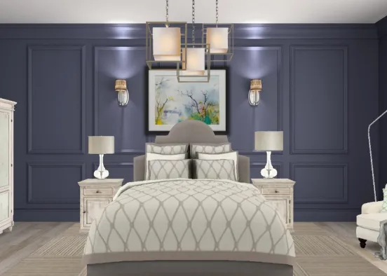Blue and cream bedroom.  Design Rendering