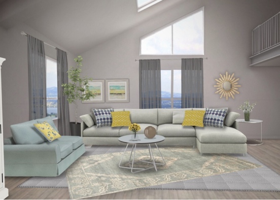 Yellow,blue and grey living room Design Rendering
