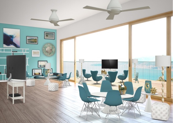 Teal Gold and White Living and Deck Design Rendering