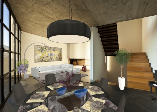 Modern Living and Dining Area Design Rendering