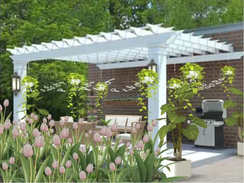 backyard pergola with tulips garden