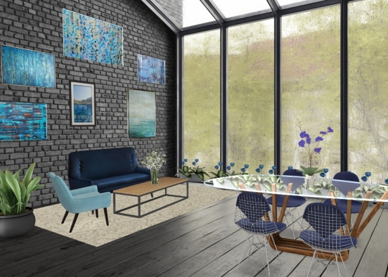 Salon-salle à manger moderne et bleu. Design Rendering
