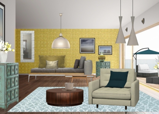 Mellow yellow. Bedroom, sitting room Design Rendering
