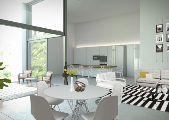 2) Studio, White and Yellow Living Room and Kitchen Design Rendering