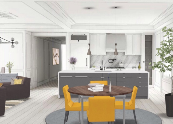 White and yellow kitchen Design Rendering