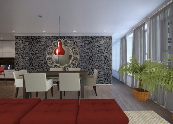 Sala de jantar em conceito aberto, integrada a cozinha e sala de estar Design Rendering