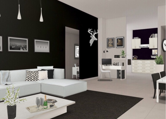 Living room black and white Design Rendering