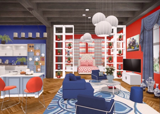studio apartment in bright blue red tones (Rainbow) Design Rendering