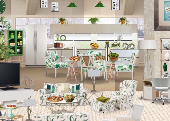 Kitchen and Familyroom - (Green and White design) Design Rendering