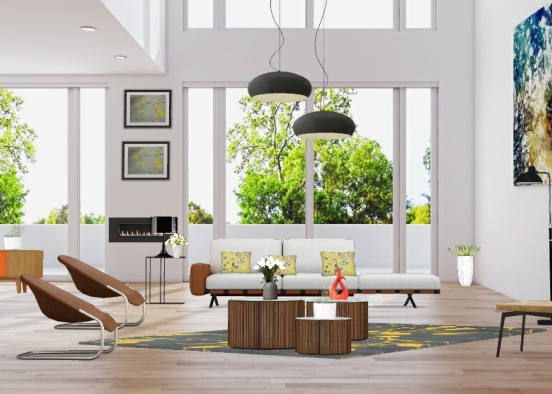 Sala minimalista com cores neutras com um toque de cores quentes Design Rendering