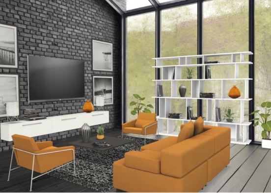 Monochrome + Orange Living Room  Design Rendering