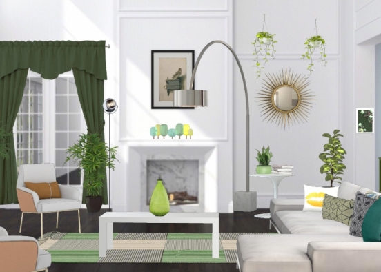 Salon vert et blanc moderne avec beaucoup de plantes Design Rendering