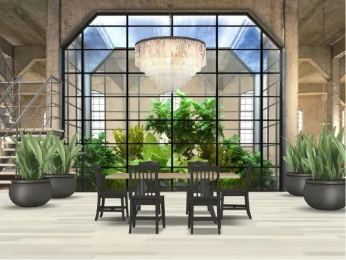 spacious dining room with terrarium