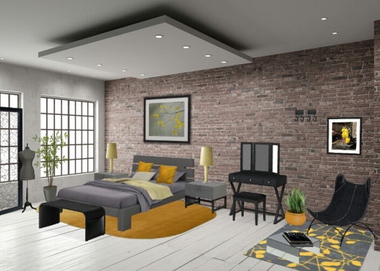 Dormitorio gris y amarillo Design Rendering