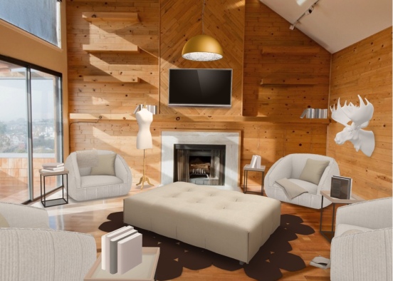 Neutral Cabin Living Room Design Rendering