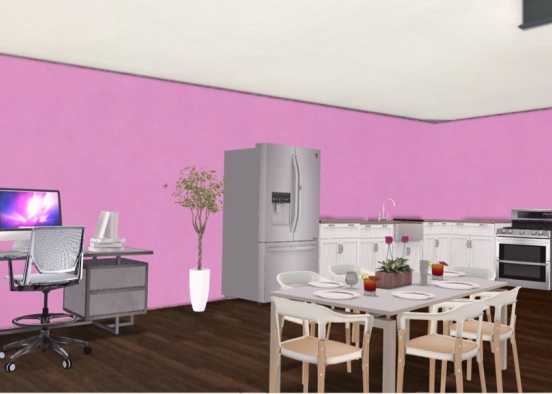 Open concept main floor: Kitchen, Dining, Office Design Rendering