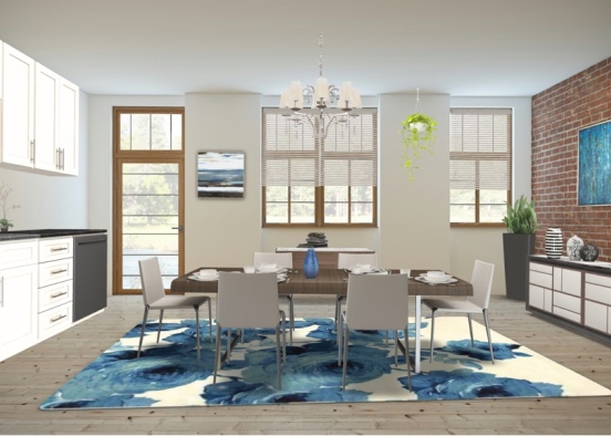 blue themed dining room and kitchen  Design Rendering