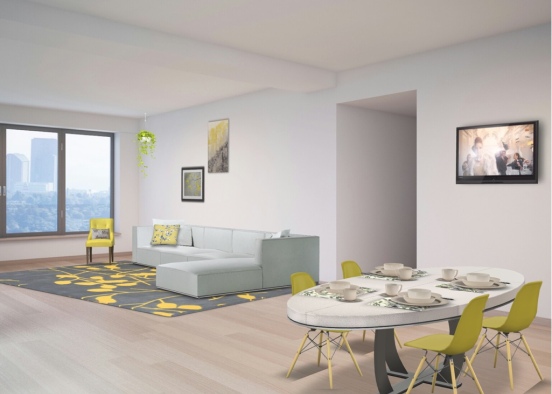 this is a very plain living room with pops of yellow  Design Rendering