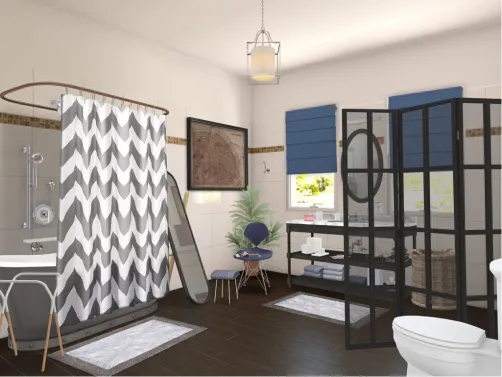 cozy little blue and grey bathroom