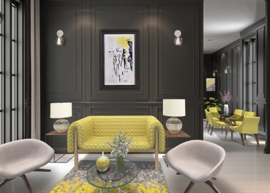 black and yellow living dinning room  Design Rendering