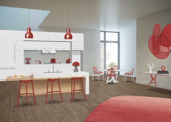 Red and white kitchen  Design Rendering