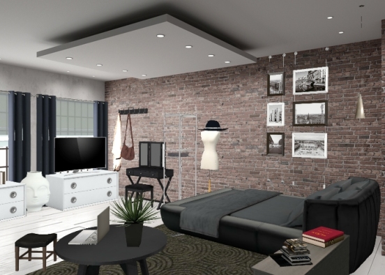 A modern airy bedroom with a black cream layout Design Rendering