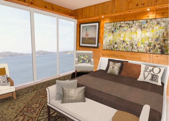 Wood and ocean view bedroom Design Rendering